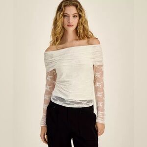 Bar III Women's Off-The-Shoulder Lace-Sleeve Cream Top